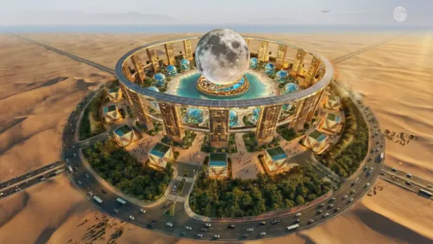 Visualisierung eines futuristischen Hotelkomplexes mit riesiger Mondkugel inmitten einer Wüstenlandschaft.