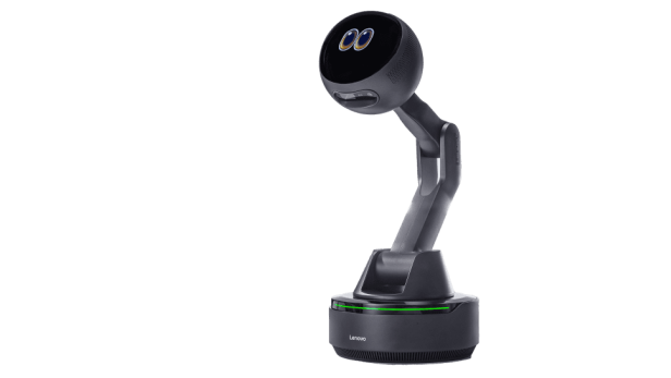 ein schwarzer Roboterarm mit kugelrundem Kopf, an dessen Vorderseite ein DIsplay mit Augen-Illustration zu sehen ist