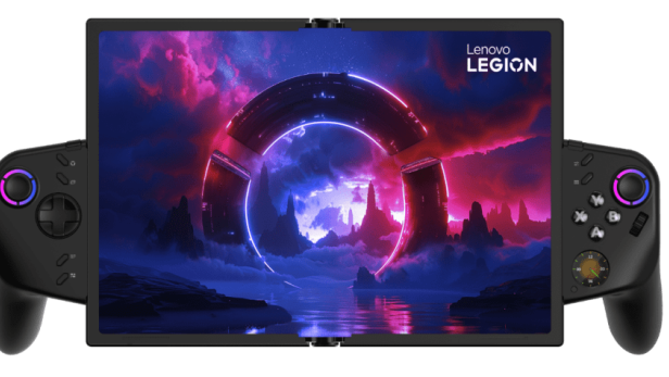 Das Legion Go Fold mit aufgeklapptem Display im Querformat.