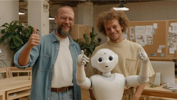2 Männer und ein Roboter geben das Daumen-nach-Oben-Zeichen
