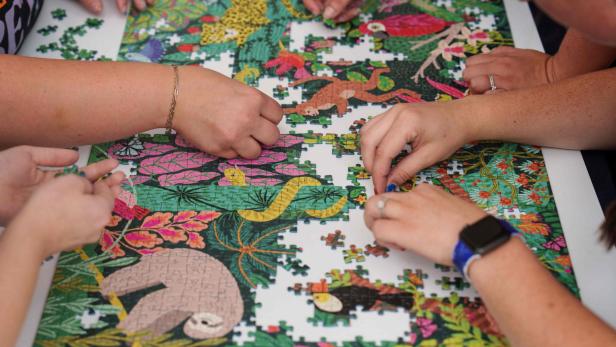 Mehrere Hände setzen gemeinsam ein buntes Puzzle mit Dschungeltieren und Pflanzen zusammen.
