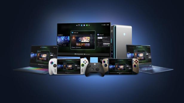 Notebook, PC-Bildschirm und mehrere Handhelds zeigen einen Modus am Display, der wie von der Xbox-Konsole aussieht