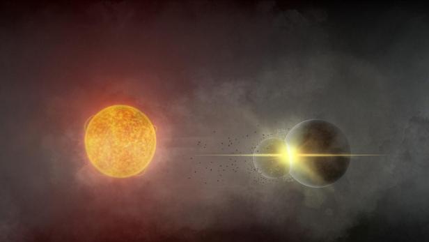 Eine leuchtende Sonne steht links, rechts davon ein Planet mit hellem Lichtstrahl und kleinen Trümmerteilen dazwischen.