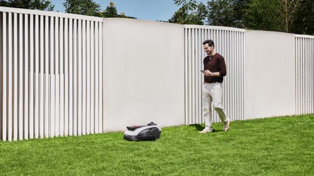 Ein Mann geht auf einer Rasenfläche neben einem Mähroboter und schaut auf sein Smartphone.