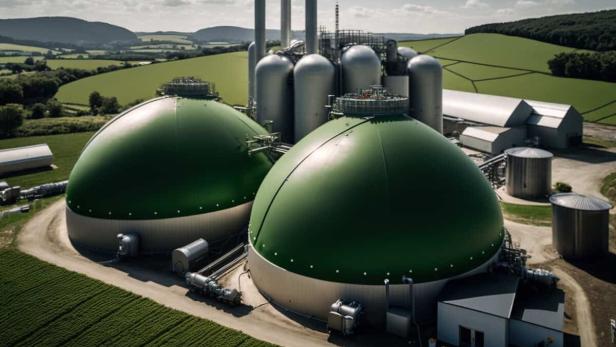 Biogasanlage mit kuppelförmigen Fermentern inmitten einer ländlichen Landschaft.