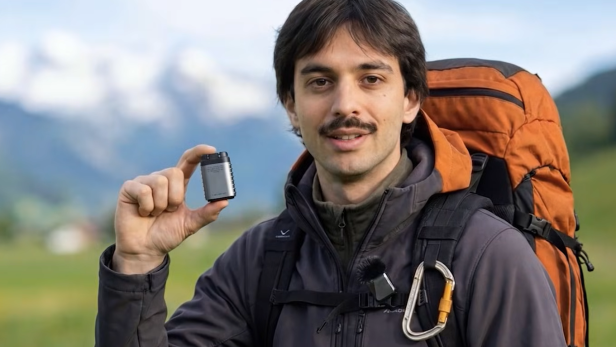 Mann mit Rucksack hält ein kleines Ladegerät vor alpiner Landschaft in der Hand.