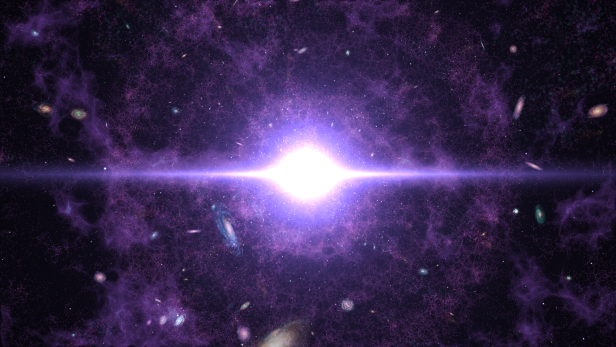 Künstlerische Darstellung des Urknalls und der Ausbreitung des Universums mit frühen Galaxien 