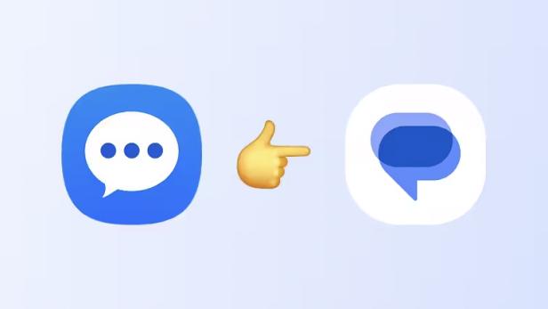 Ein Emoji-Zeigefinger deutet von einem blauen Nachrichten-Symbol auf ein weißes.