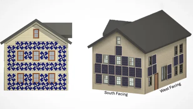 Zwei Renderings zeigen, wie abnehmbare Paneele das Haus wärmen könnten.