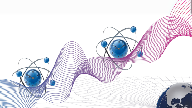 Zwei Atomuhren verbunden mit einem gedrehten Band und das Gravitationsfeld der Erde .Ein Experiment untersucht, welche Regeln die Zeit auf Quantenebene folgt