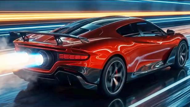 Roter Sportwagen mit Raketenantrieb beschleunigt auf einer futuristischen Rennstrecke.