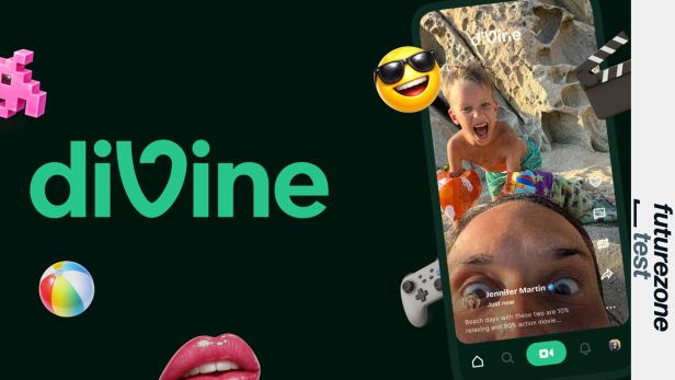 Divine-Logo, bunte Emojis und ein Smartphone mit geöffneter Divine-App und Kurzvideo.