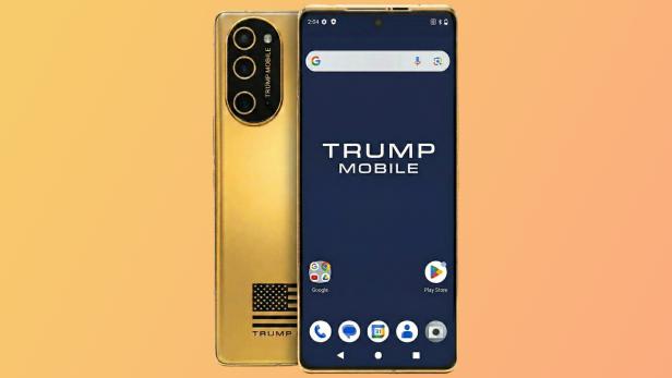 goldenes Mobiltelefon der Marke Trump Mobile