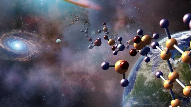 Die Symbolbild.Grafik zeigt Moleküle im Weltraum, im Hintergrund sind eine Galaxie und die Erde zu sehen