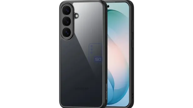 Zwei Samsung-Smartphones mit schwarzer Schutzhülle und flachem Display nebeneinander.