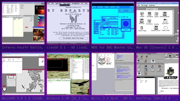 Mehrere historische Betriebssystem-Oberflächen in einer digitalen Übersicht nebeneinander dargestellt.
