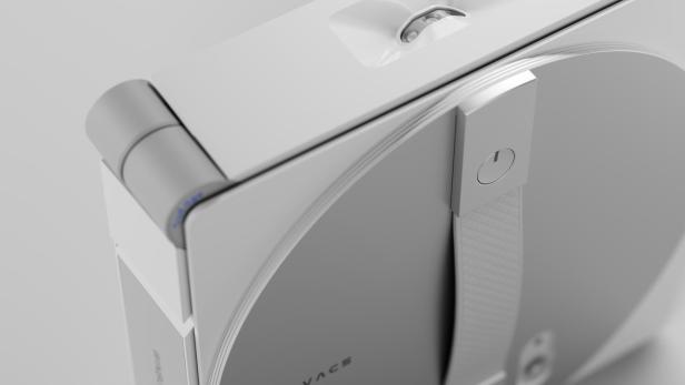 Detailansicht des WINBOT W3 OMNI Fensterreinigungsroboters in modernem Design.