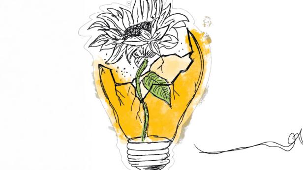 Eine gezeichnete Sonnenblume wächst aus einer zerbrochenen Glühbirne mit gelbem Hintergrund.