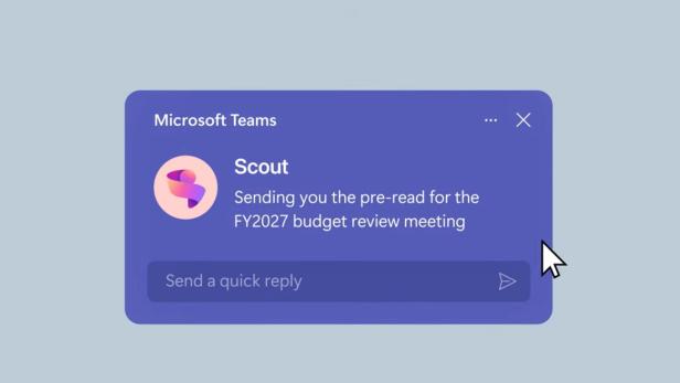 Microsoft Teams-Benachrichtigung von Scout mit Hinweis auf ein Budget-Meeting.