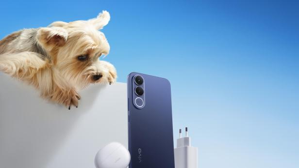 vivo V70FE mit Ladestecker und Kopfhörercase und einem Yorkshire Terrier der die Geräte ansieht