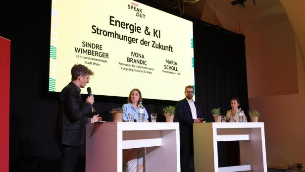 Vier Personen diskutieren auf einer Bühne zum Thema Energie und Künstliche Intelligenz, eine Person moderiert.