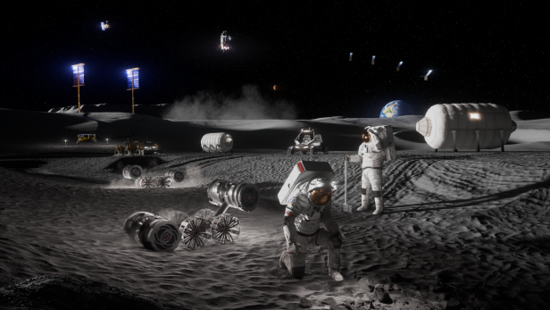 Astronauten und Mondfahrzeuge in einer künftigen Mondbasis mit Erde am Horizont.