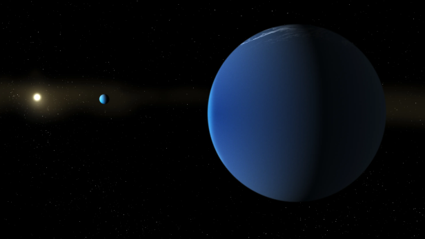 Grafische Darstellung vom Weltraum mit einem blauen Planeten im Vordergrund und einer Sonne und einem 2. Planeten im Hintergrund
