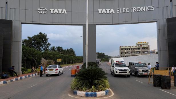 FILE PHOTO: Tata iPhone component plant entrance in Hosur, Tamil Nadu