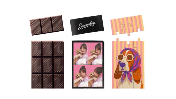 Mehrteilige Collage mit Schokoladentafeln, Snapplay-Logo und zwei bunten Puzzle-Motiven.