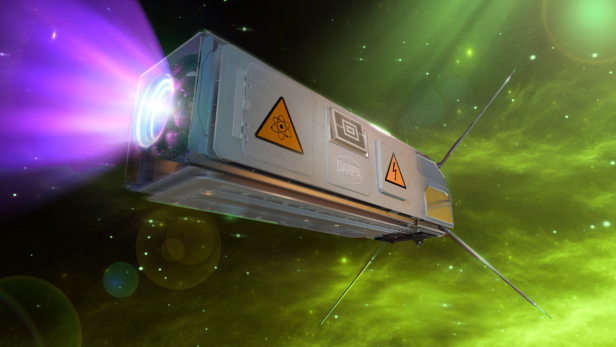 Grafische Darstellung eines Satelliten im Weltall mit Atomantrieb