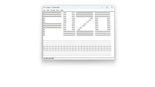 TinyRetroPad-Fenster mit ASCII-Kunst und Menüleiste.