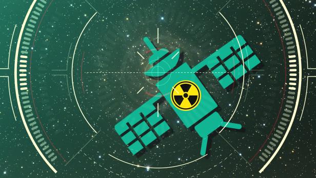 Weltraum-Bild mit grünem Scanner-Overlay, das einen symbolischen grünen Satelliten mit einem Atomwaffen-Symbol in der Mitte scannt