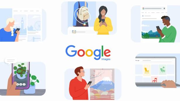 Google-Images-Logo mit Illustrationen zur neuen Bildersuche und Sammlung.