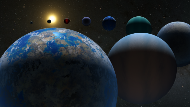 Mehrere Exoplaneten und die Erde vor einem Sternenhintergrund, als Illustration zur Suche nach Leben im All.