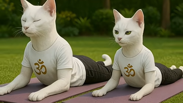 Zwei künstliche Katzen auf Yogamatten im Freien.