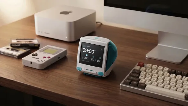 Mini-Computer steht auf einem Holz-Schreibtisch, daneben liegt ein Game BOy