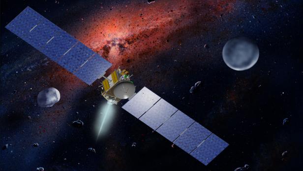 Die Raumsonde Dawn mit ihren zwei Missionszielen Vesta und Ceres in einer künstlerischen Darstellung