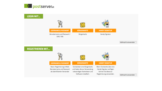 Die Registrierung für ein Konto auf Postserver.at ist auf drei verschiedenen Wegen möglich. Abhängig davon erhält der Benutzer Zugang zu bestimmten Vertrauensstufen.