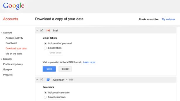 Das neue Menü für den Gmail- oder Calendar-Download