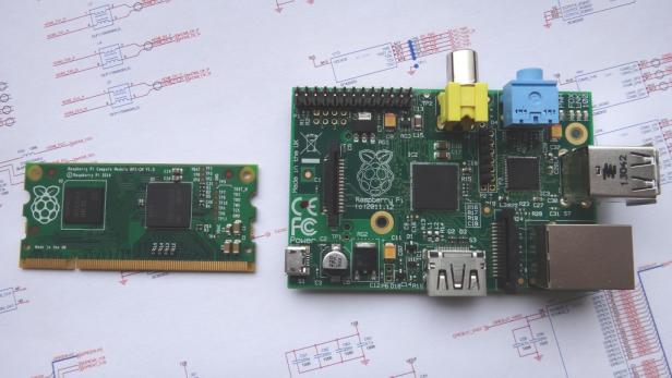 Raspberry Pi Compute Module und Raspberry Pi Model B im Größenvergleich