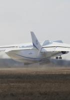 An Antonov An-225 Mriya cargo plane takes off during its first commercial flight after renovation from an airfield in the settlement of Hostomel outside Kiev