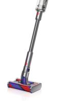 Ein kabelloser Staubsauger von Dyson in Gold, Lila, Rot und Silber.