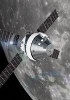 Illustration der NASA Orion Artemis I Raumkapsel im Mondorbit. 