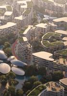 Eine Luftaufnahme einer futuristischen Stadt mit begrünten Dächern und organischen Formen.