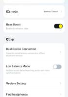 Ein Screenshot der Baseus-App mit den Einstellungen für Bass BC1.