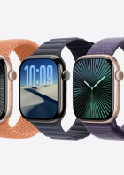 Fünf Apple Watches der Serie 11 mit verschiedenen Armbändern und Zifferblättern.