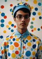 Ein Mann mit Brille, Hut und Hemd mit bunten Kreisen steht vor einer Wand mit Kreisen.