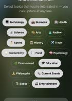 Themenauswahl bei Onboarding in Huxe