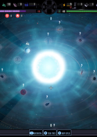 Die Systemkarte aus Star Trek Voyager: Across the Unknown zeigt die Voyager und verschiedene erkundbare Planeten mit Ressourcen- und Missionssymbolen.