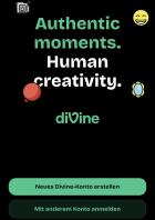 Anmeldescreen der Divine-App, mit Regisiterung und Möglichkei, anderen Account zu verwenden.